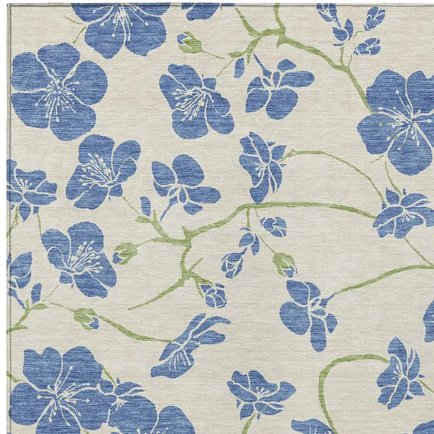 Linen Blue And Green Floral Washable Indoor Outdoor Area Rug Photo 6