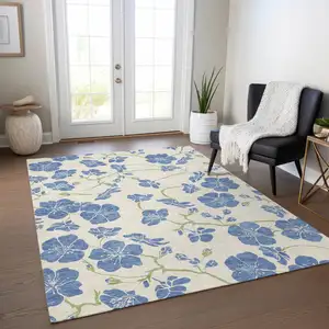 Photo of Linen Blue And Green Floral Washable Indoor Outdoor Area Rug