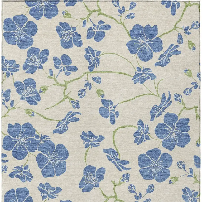 Linen Blue And Green Floral Washable Indoor Outdoor Area Rug Photo 7