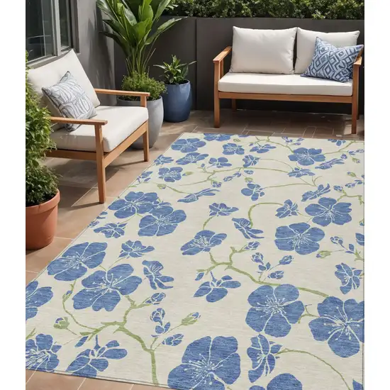 Linen Blue And Green Floral Washable Indoor Outdoor Area Rug Photo 1