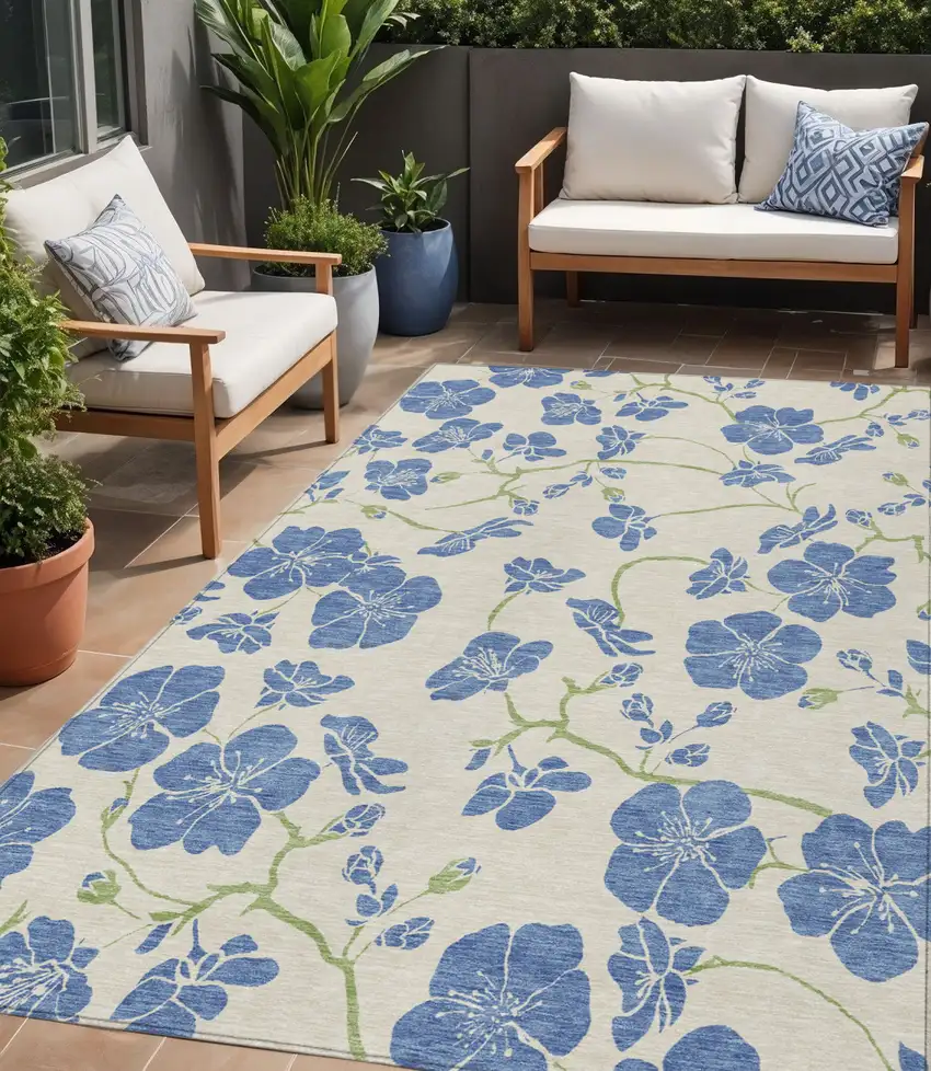 Linen Blue And Green Floral Washable Indoor Outdoor Area Rug Photo 1