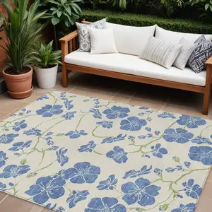Photo of Linen Blue And Green Floral Washable Indoor Outdoor Area Rug