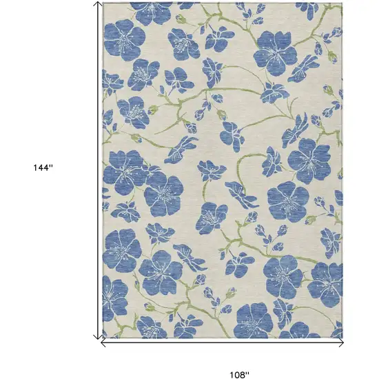 Linen Blue And Green Floral Washable Indoor Outdoor Area Rug Photo 3