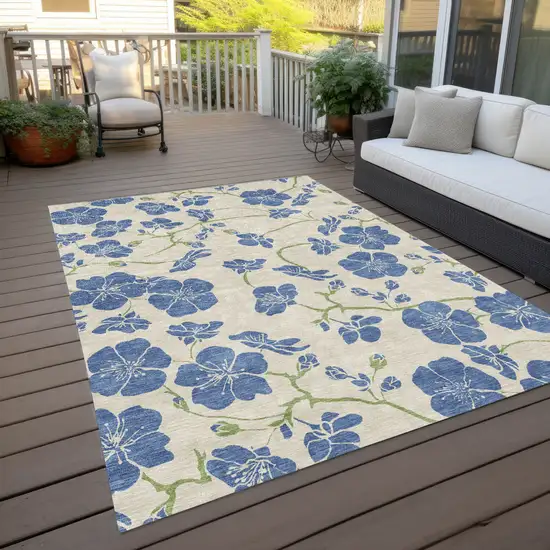 Linen Blue And Green Floral Washable Indoor Outdoor Area Rug Photo 8