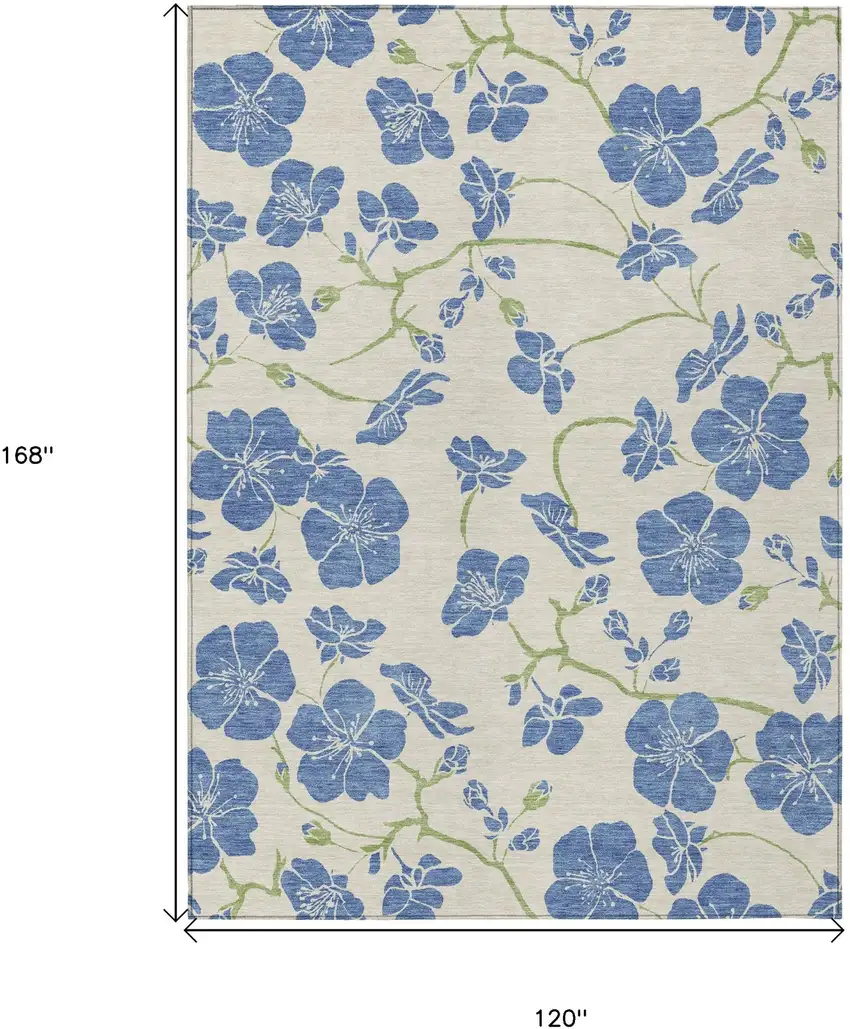 Linen Blue And Green Floral Washable Indoor Outdoor Area Rug Photo 3