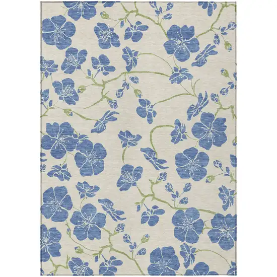 Linen Blue And Green Floral Washable Indoor Outdoor Area Rug Photo 2