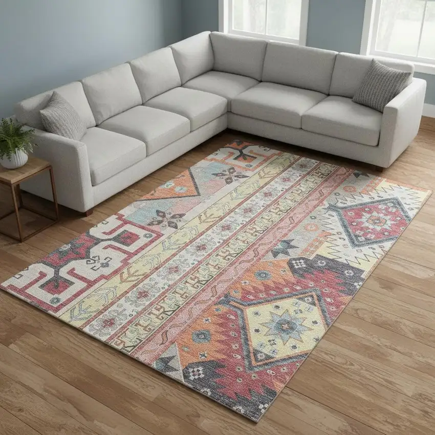 Linen Blush And Gray Southwestern Washable Area Rug With UV Protection Photo 2