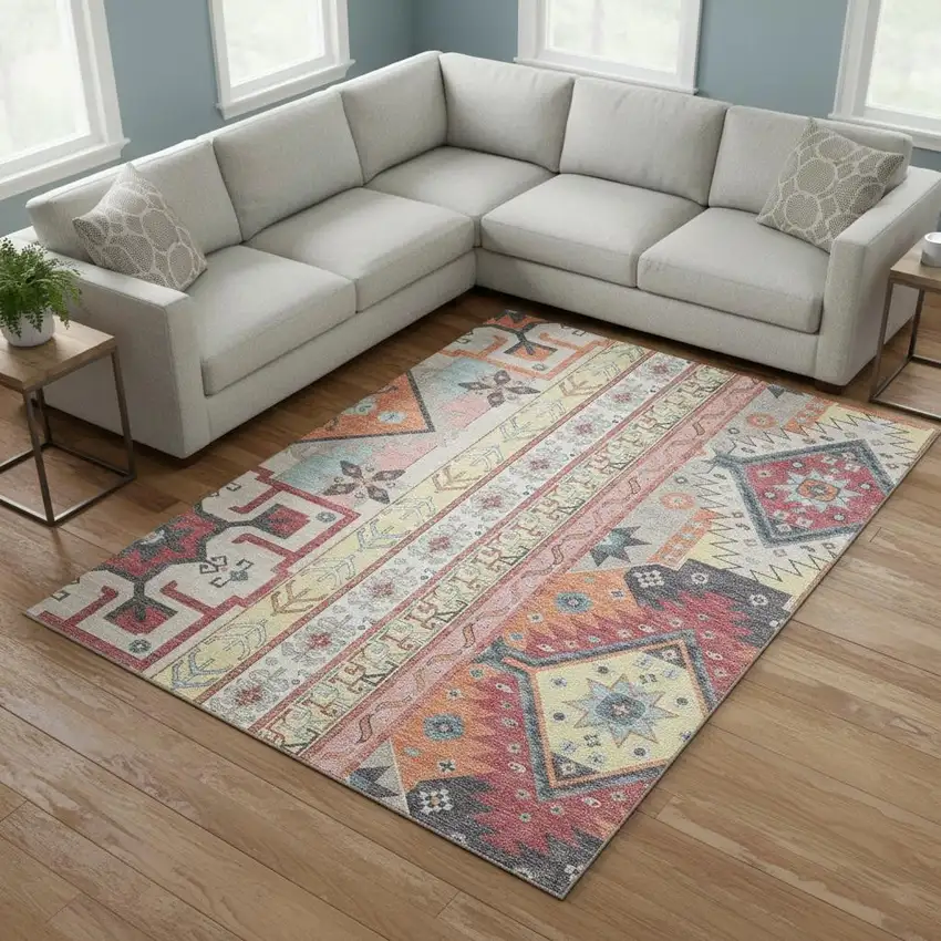 Linen Blush And Gray Southwestern Washable Area Rug With UV Protection Photo 2