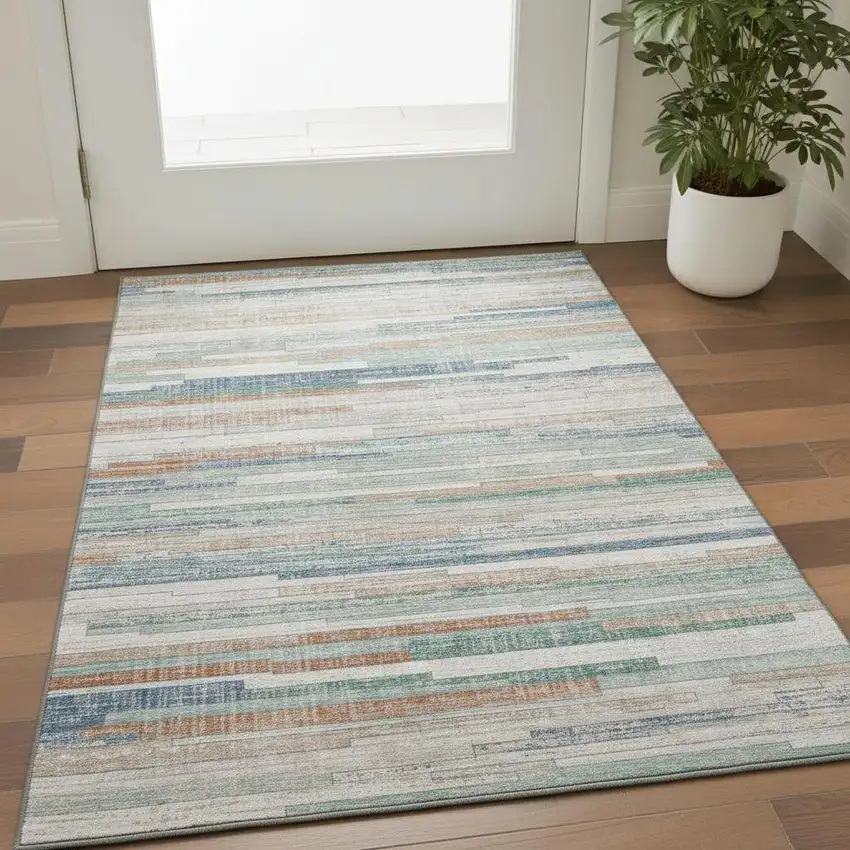 Linen Copper And Ivory Striped Washable Area Rug With UV Protection Photo 2