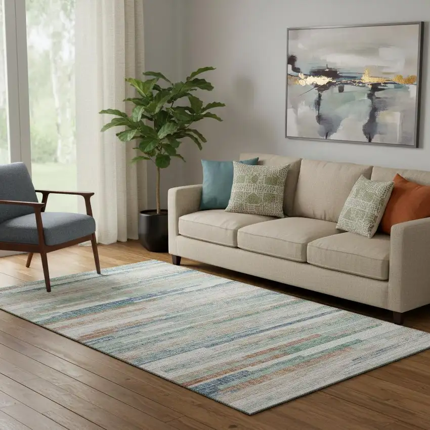 Linen Copper And Ivory Striped Washable Area Rug With UV Protection Photo 2