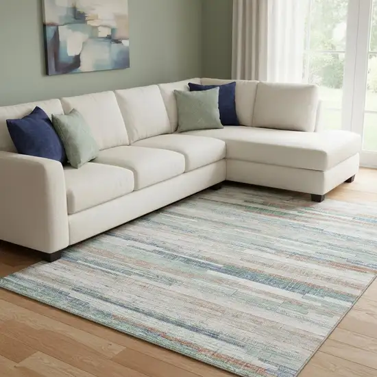 Linen Copper And Ivory Striped Washable Area Rug With UV Protection Photo 2