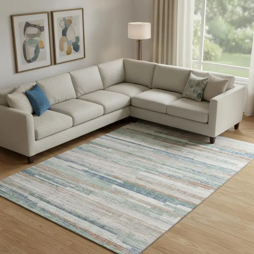 Linen Copper And Ivory Striped Washable Area Rug With UV Protection Photo 2