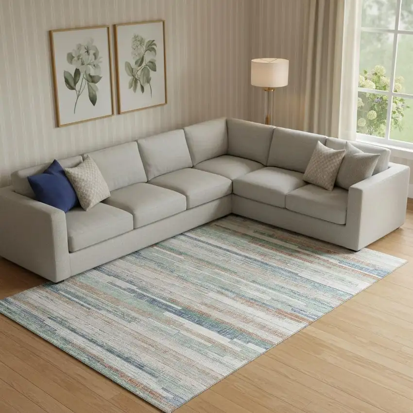 Linen Copper And Ivory Striped Washable Area Rug With UV Protection Photo 2