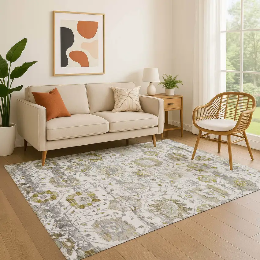 Linen Gold And Ivory Oriental Washable Area Rug With UV Protection Photo 3