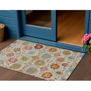 Photo of Linen Gold And Pink Damask Washable Indoor Outdoor Area Rug