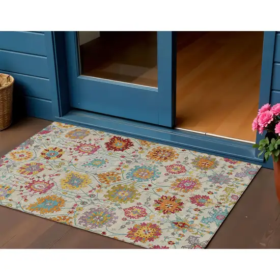 Linen Gold And Pink Damask Washable Indoor Outdoor Area Rug Photo 1