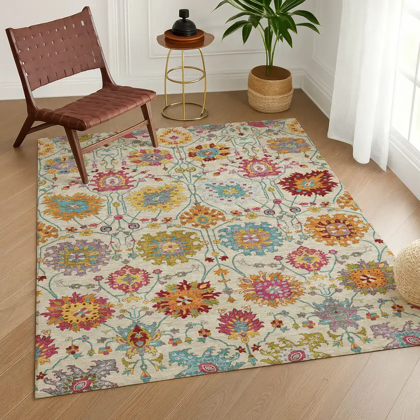 Linen Gold And Pink Damask Washable Indoor Outdoor Area Rug Photo 9