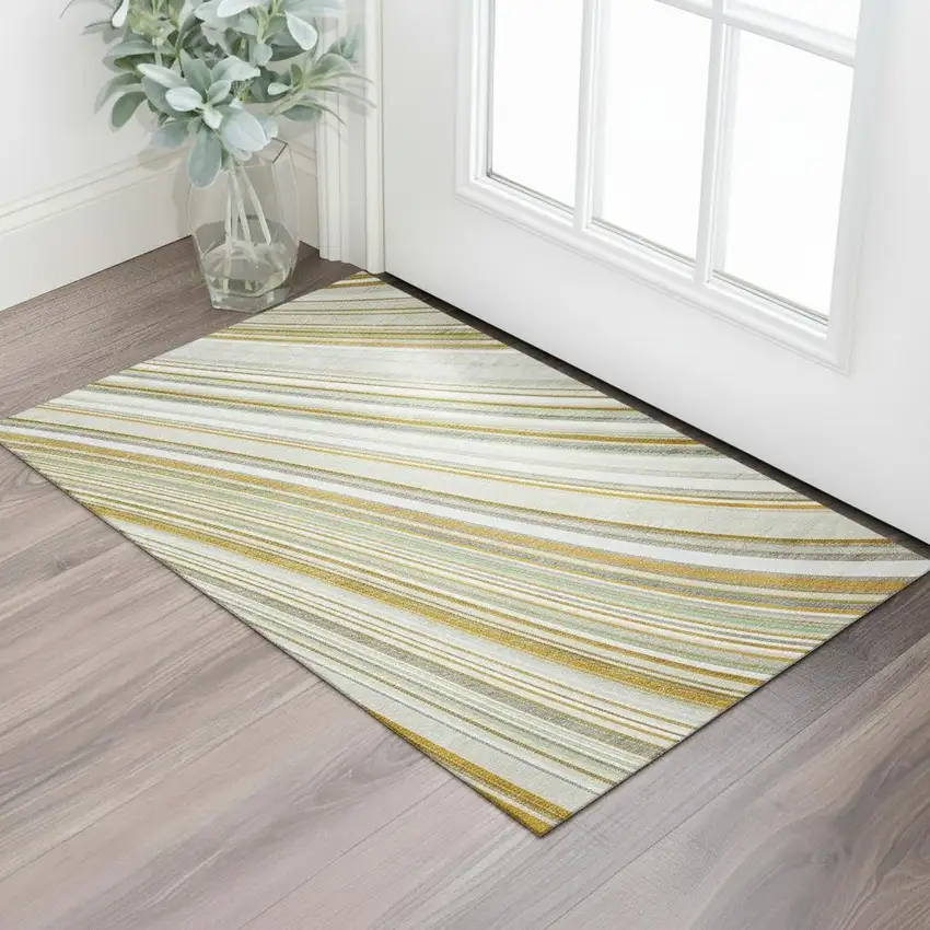 Linen Gold And Sage Striped Washable Area Rug With UV Protection Photo 2