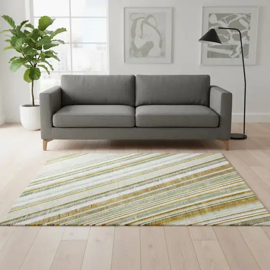 Linen Gold And Sage Striped Washable Area Rug With UV Protection Photo 2