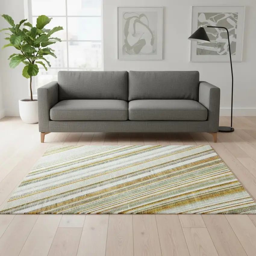 Linen Gold And Sage Striped Washable Area Rug With UV Protection Photo 2