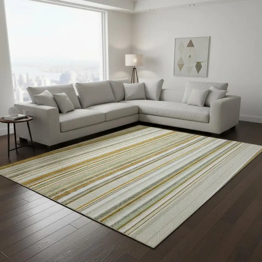 Linen Gold And Sage Striped Washable Area Rug With UV Protection Photo 2