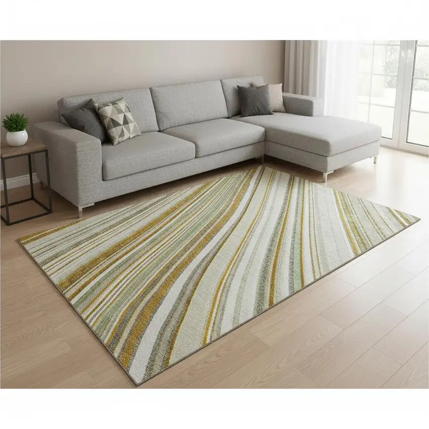 Linen Gold And Sage Striped Washable Area Rug With UV Protection Photo 2