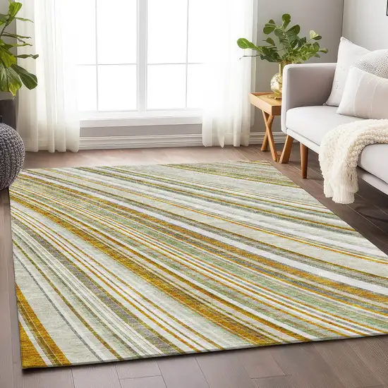 Linen Gold And Sage Striped Washable Area Rug With UV Protection Photo 3