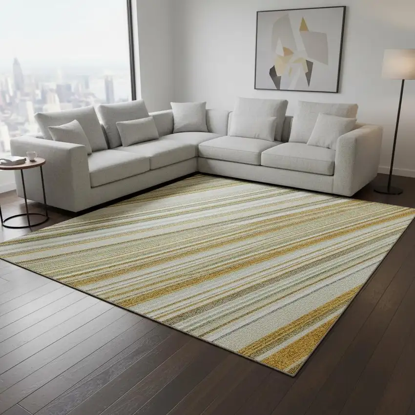 Linen Gold And Sage Striped Washable Area Rug With UV Protection Photo 2