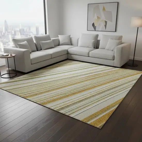 Linen Gold And Sage Striped Washable Area Rug With UV Protection Photo 2