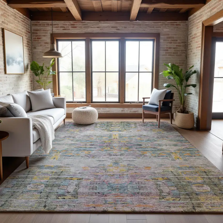 Linen Gold And Teal Abstract Washable Area Rug With UV Protection Photo 4