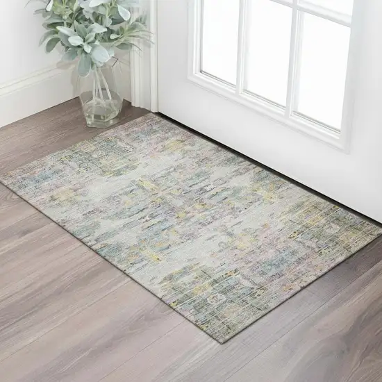 Linen Gold And Teal Abstract Washable Area Rug With UV Protection Photo 2