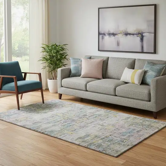 Linen Gold And Teal Abstract Washable Area Rug With UV Protection Photo 2