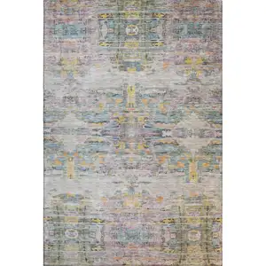 Photo of Linen Gold And Teal Abstract Washable Area Rug With UV Protection