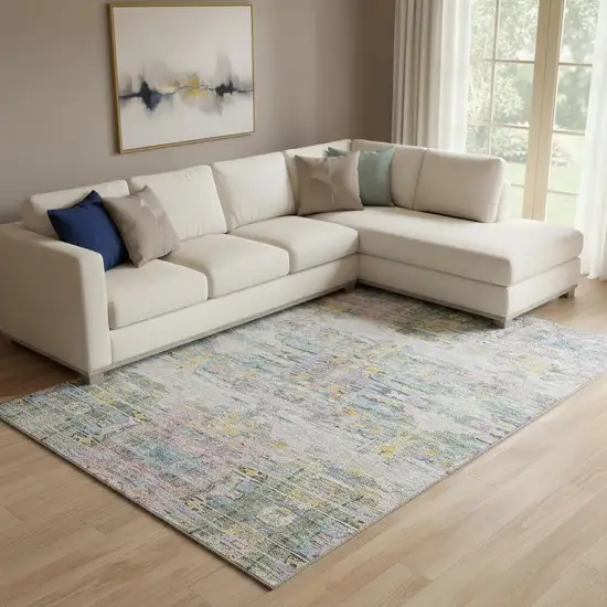 Linen Gold And Teal Abstract Washable Area Rug With UV Protection Photo 2