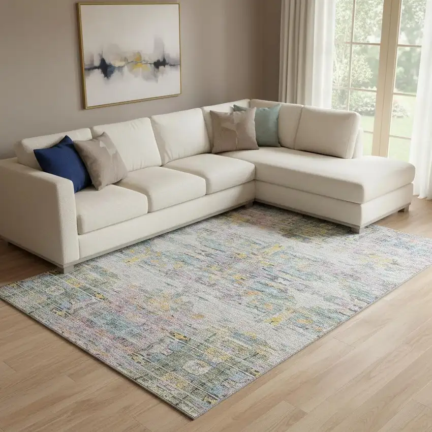 Linen Gold And Teal Abstract Washable Area Rug With UV Protection Photo 2