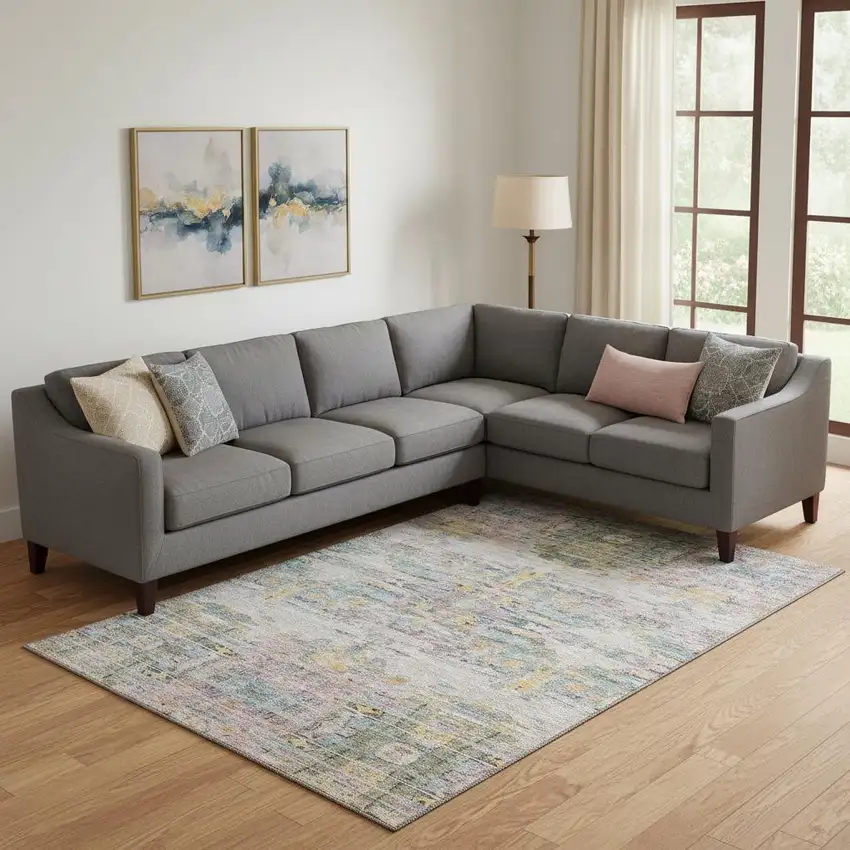 Linen Gold And Teal Abstract Washable Area Rug With UV Protection Photo 2