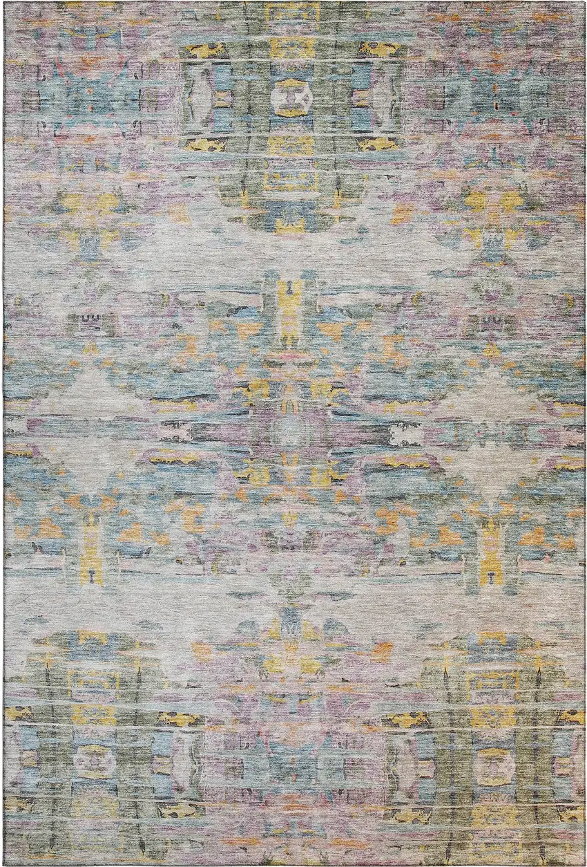 Linen Gold And Teal Abstract Washable Area Rug With UV Protection Photo 1