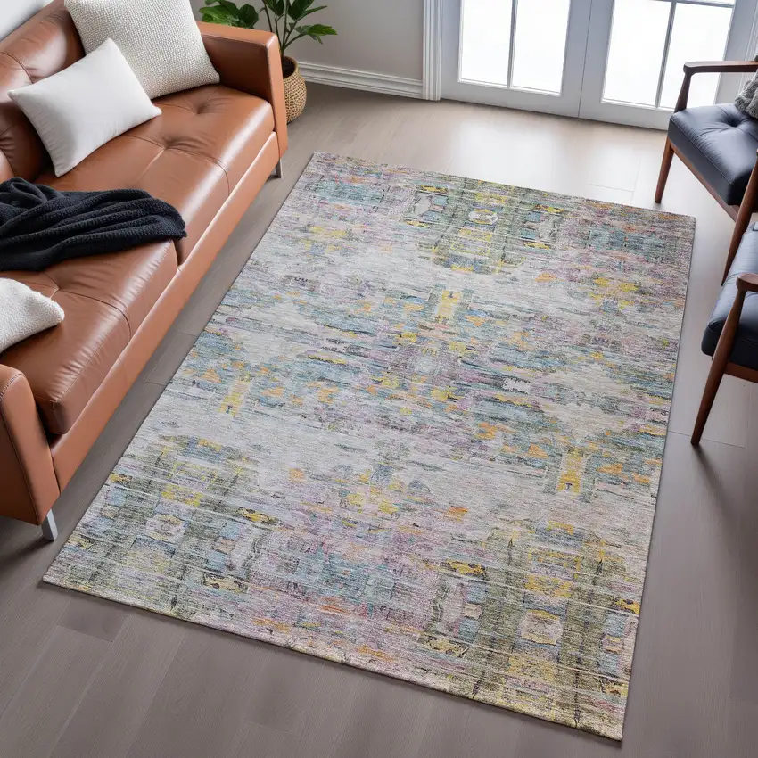 Linen Gold And Teal Abstract Washable Area Rug With UV Protection Photo 5