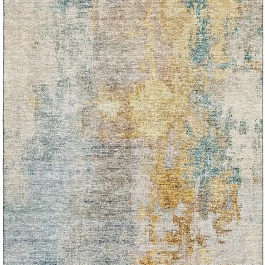 Linen Gold And Teal Abstract Washable Area Rug With UV Protection Photo 5