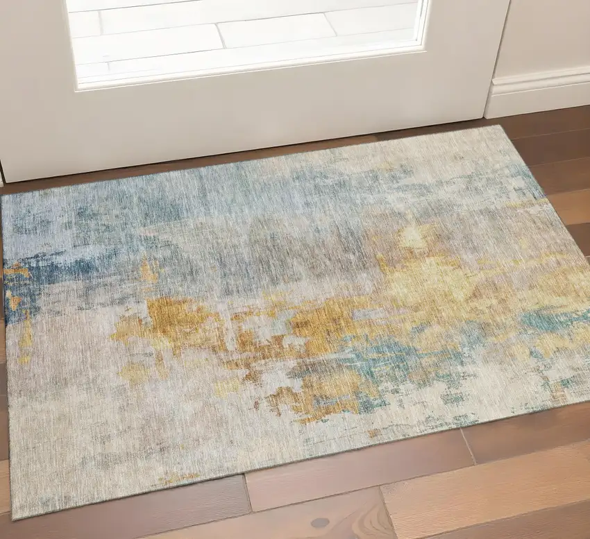Linen Gold And Teal Abstract Washable Area Rug With UV Protection Photo 1
