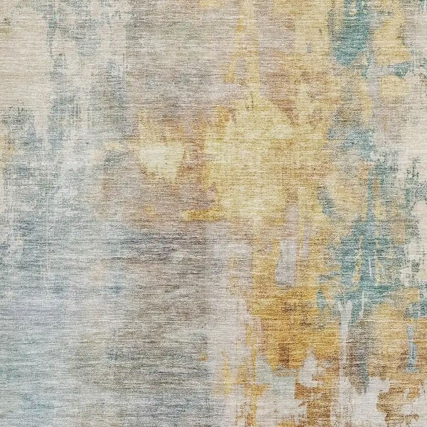 Linen Gold And Teal Abstract Washable Area Rug With UV Protection Photo 4