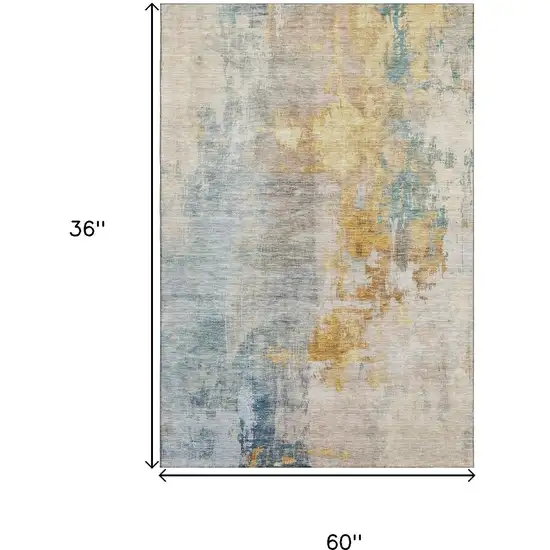 Linen Gold And Teal Abstract Washable Area Rug With UV Protection Photo 3