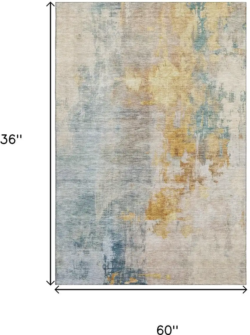 Linen Gold And Teal Abstract Washable Area Rug With UV Protection Photo 3
