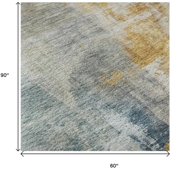 Linen Gold And Teal Abstract Washable Area Rug With UV Protection Photo 9