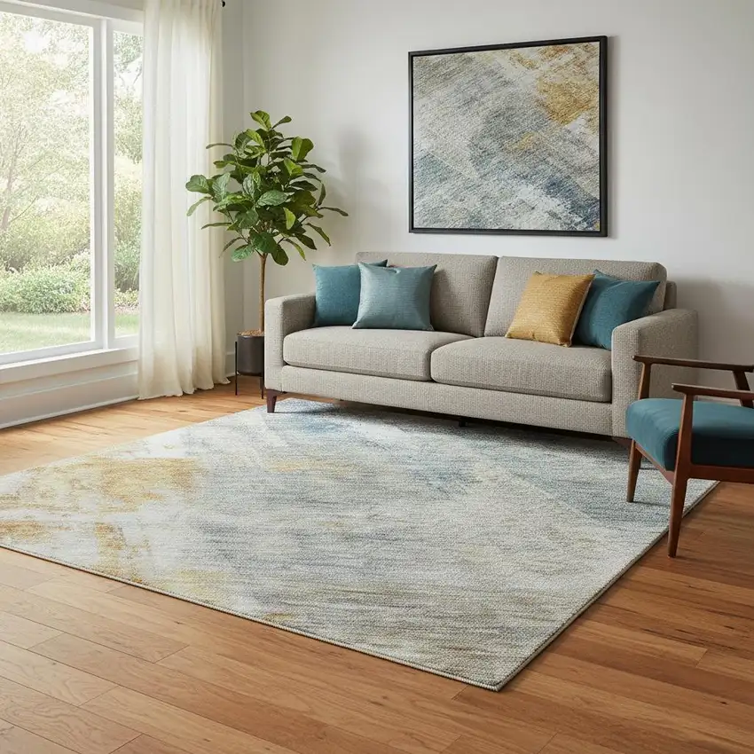 Linen Gold And Teal Abstract Washable Area Rug With UV Protection Photo 2