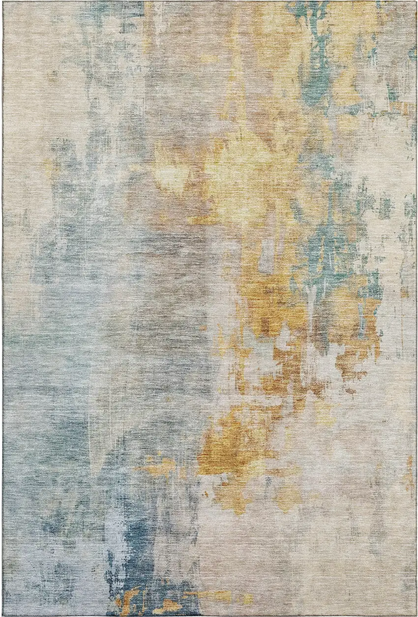 Linen Gold And Teal Abstract Washable Area Rug With UV Protection Photo 5