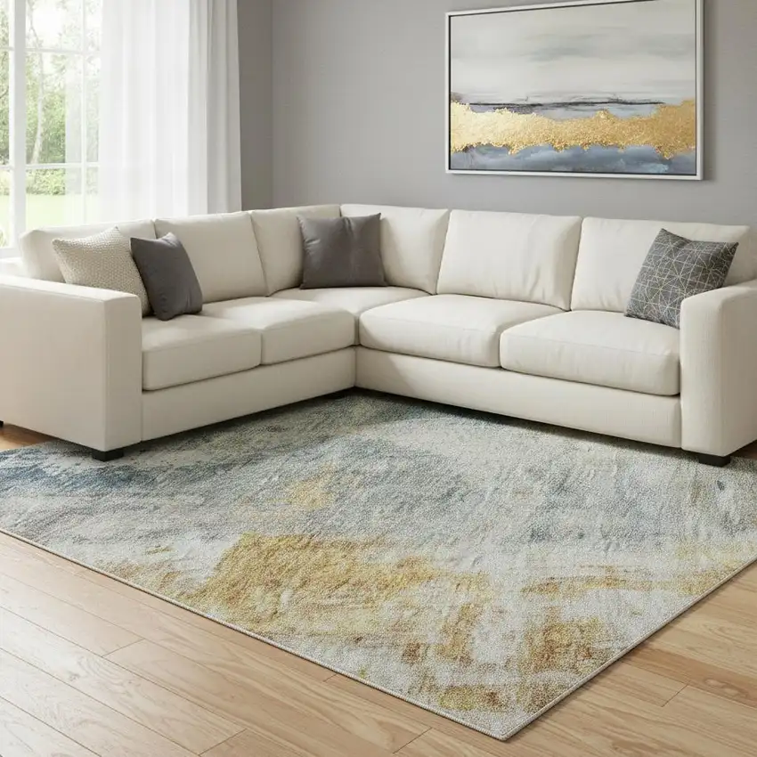Linen Gold And Teal Abstract Washable Area Rug With UV Protection Photo 2