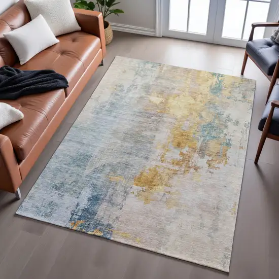 Linen Gold And Teal Abstract Washable Area Rug With UV Protection Photo 3