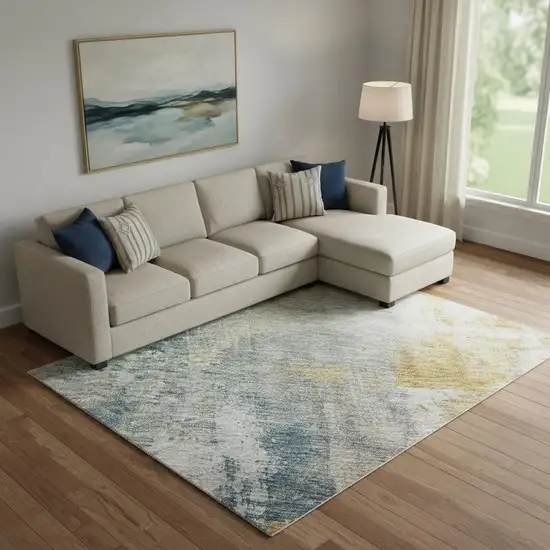 Linen Gold And Teal Abstract Washable Area Rug With UV Protection Photo 2
