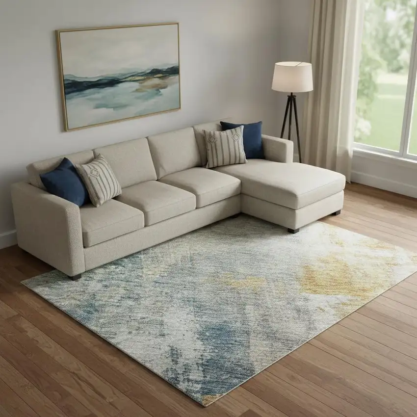 Linen Gold And Teal Abstract Washable Area Rug With UV Protection Photo 2